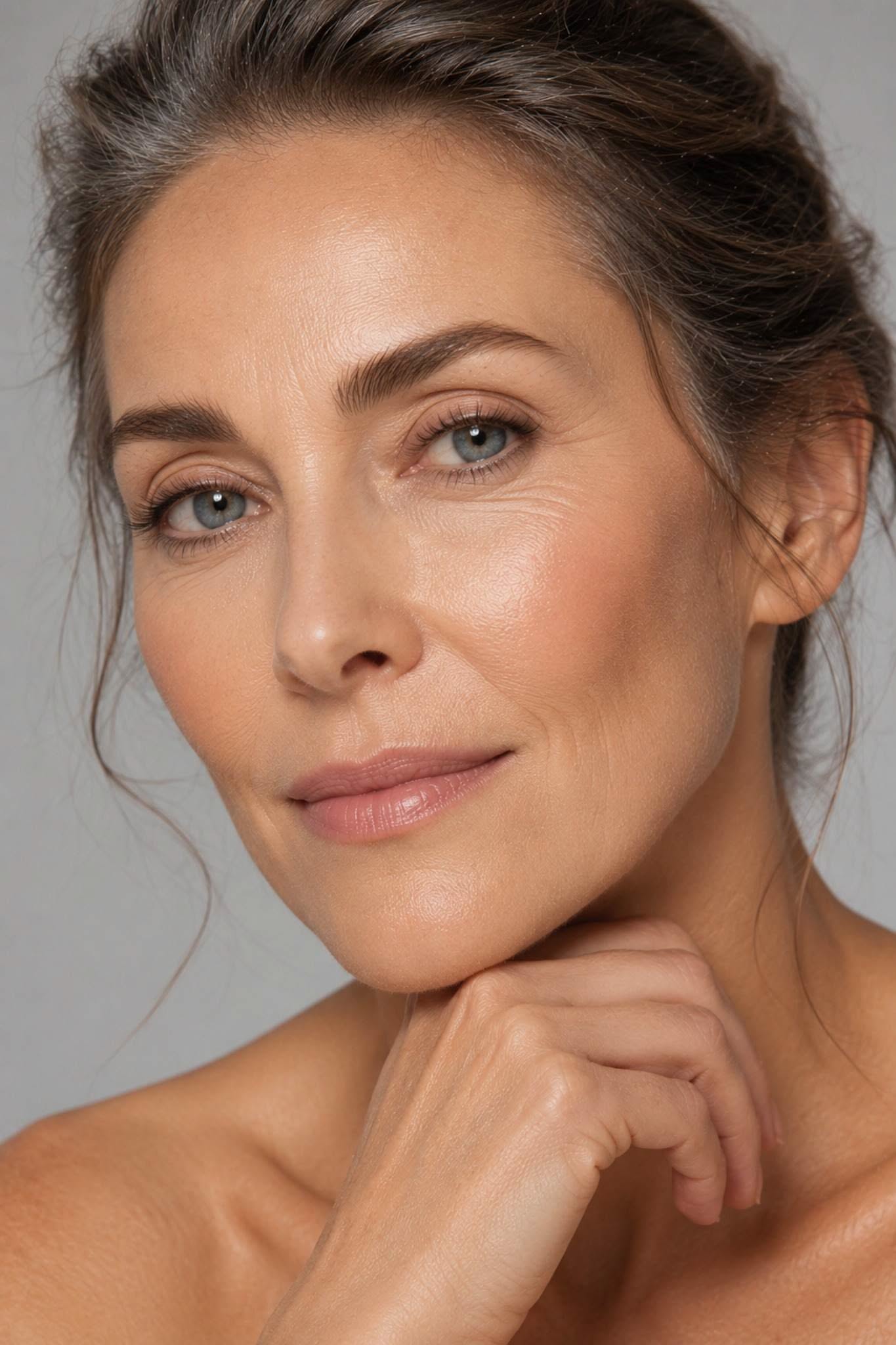 Femme à la peau naturelle et lumineuse après sa routine de soin